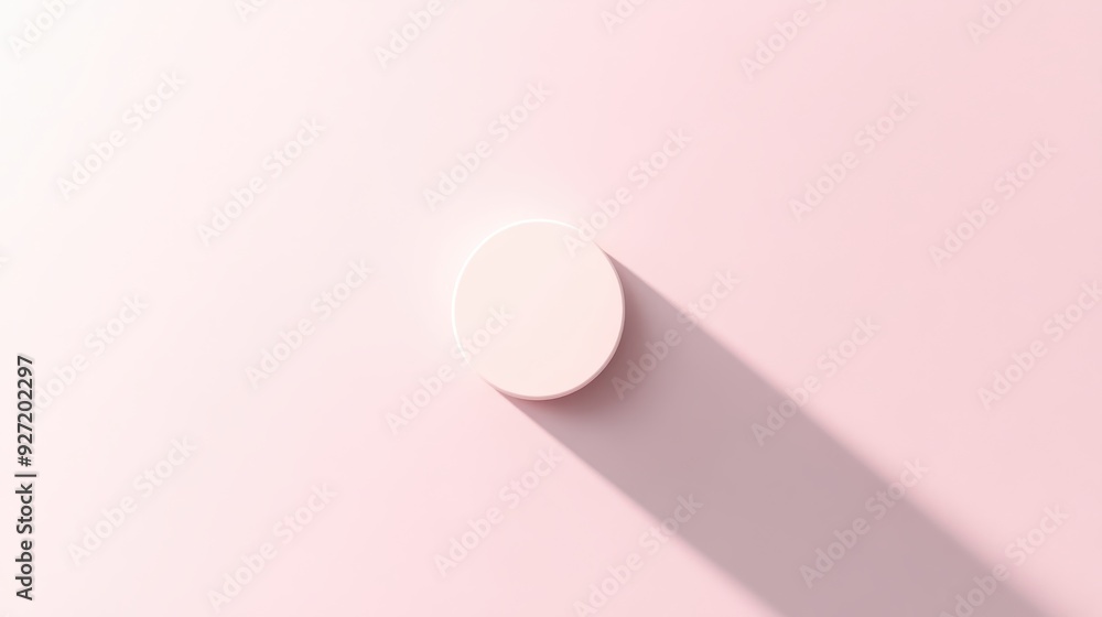 Poster a minimalist circular object casting a long shadow on a soft pink background.