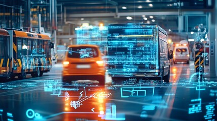 Fototapeta premium A futuristic view of an industrial environment with a truck and a car driving through a digitally enhanced environment. The vehicles are digitally augmented with lines and symbols.