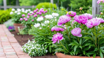 Terrace garden adorned with fragrant peonies, lush and inviting