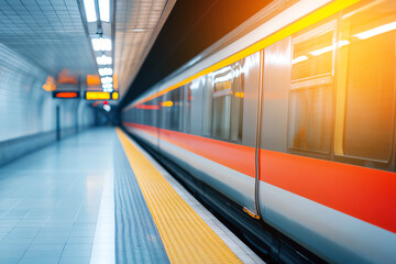 Fototapeta premium Sleek subway train arriving at a modern platform, showcasing urban travel and transportation in a vibrant city setting.