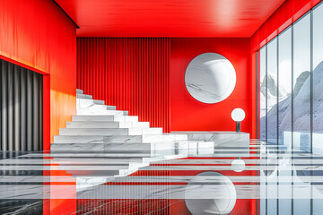 Modern empty room with marble staircase and red walls