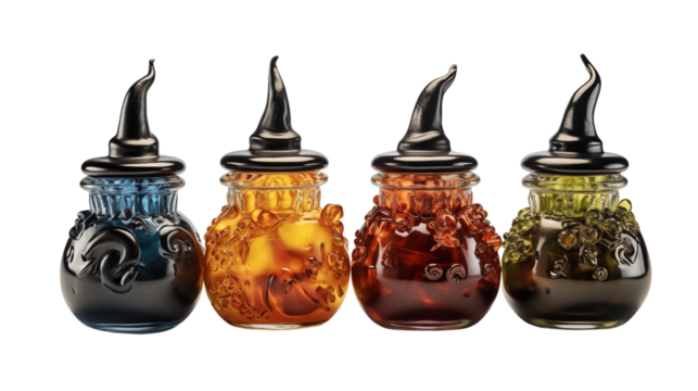 Set of witch black cauldron and individual Halloween sweet candy chocolate gummy lollipop toffee apple on transparent cutout hat isolated on transparent background.