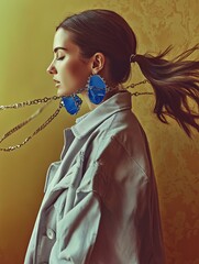 Side profile of a woman with her hair tied back, wearing striking blue artistic earrings connected by chains, set against a warm yellow background, creating a surreal and elegant composition.