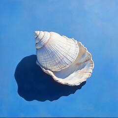 A detailed white seashell casts a shadow on a bright blue background, creating a simple yet striking composition with a strong emphasis on texture and light..