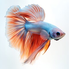 Fototapeta premium Siamese fighting fish with vibrant orange fins and a light blue body swimming gracefully against a clean white background.