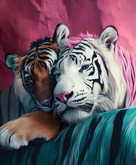 A close-up of two tigers, one with natural orange fur and the other with white and pink fur, resting closely together. The vibrant colors create a surreal