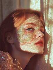 A close-up portrait of a red-haired woman with glitter on her face, illuminated by soft, warm light that casts delicate shadows through lace, creating a magical and ethereal atmosphere.