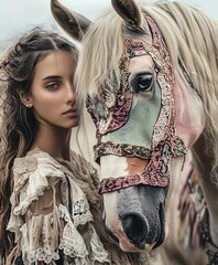 A young woman with a serene expression stands close to a horse adorned in an intricately beaded and embroidered bridle, creating a mystical and artistic connection between them..