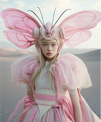 A young woman stands in a surreal desert, dressed in an elaborate pink costume resembling a butterfly. Her attire features large, delicate wings and soft, flowing fabric.