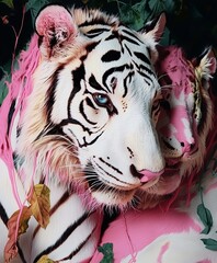  close-up of two tigers with striking black and white fur, accented by pink hues. The tigers are entwined, creating an intimate and artistic portrayal of nature and fantasy.
