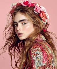 Portrait of a young woman with long, wavy hair adorned with a vibrant floral crown, wearing a colorful textured coat against a soft pink background, highlighting her natural beauty