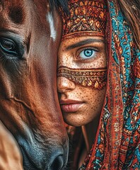 Close-up of a woman and a horse sharing an intimate moment, with vibrant colors and intricate patterns on her headscarf, highlighting her bright blue eyes and freckles..