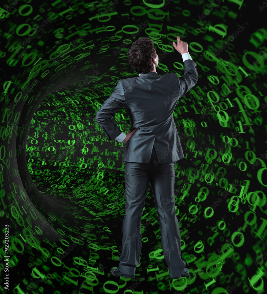 Poster businessman against the funnel made of binary numbers