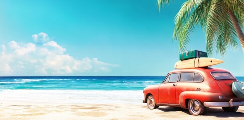Vintage car with luggage and surfboard parked on a beach with a palm tree, evoking a classic summer vacation vibe.