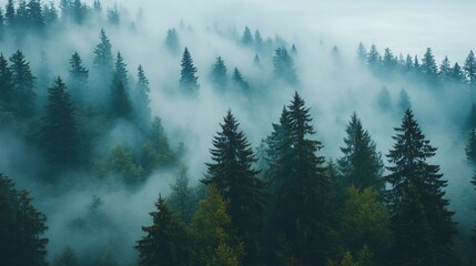 Obraz premium atmospheric foggy forest with towering trees, capturing the peaceful and tranquil beauty of nature's wilderness
