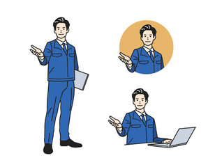 案内する男性_作業服の立ち姿