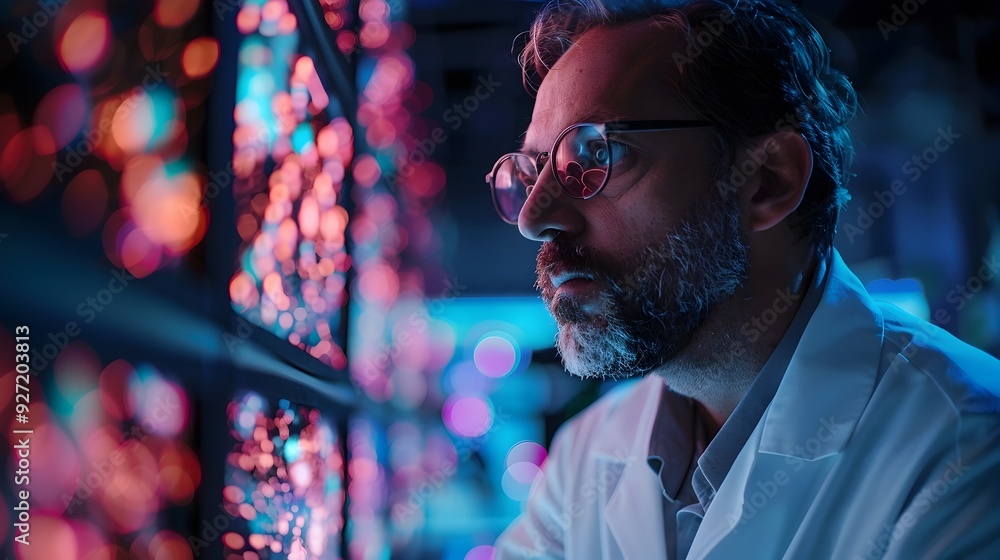 Poster scientist in observatory pondering anomaly on screen with curiosity and doubt