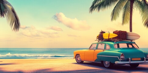 Vintage car with luggage and surfboard parked on a beach with a palm tree, evoking a classic summer vacation vibe.