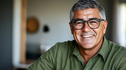 A smiling middle-aged Hispanic man with glasses, showcasing a warm and inviting personality in a bright indoor setting.