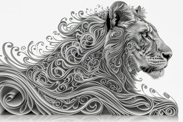 Majestic lion head emerging from swirling ornate paper design