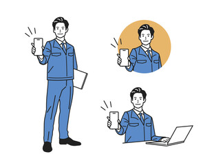 案内する男性_作業服の立ち姿