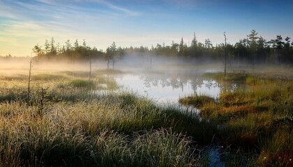 Fototapeta premium calm morning atmosphere on the edge of a lake surrounded by thick fog. generative ai