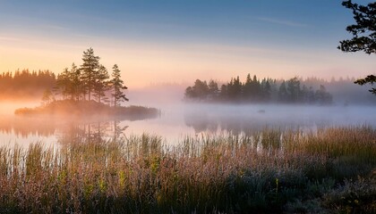 calm morning atmosphere on the edge of a lake surrounded by thick fog. generative ai