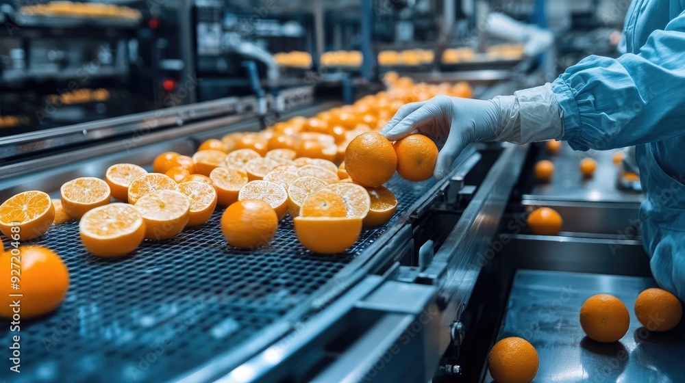 Poster oranges being sorted on a conveyor belt. this photo depicts a factory worker sorting oranges on a co