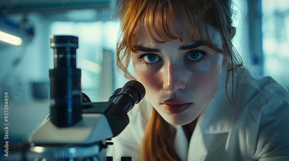 Aufkleber curious scientist examining specimen through microscope in high tech laboratory