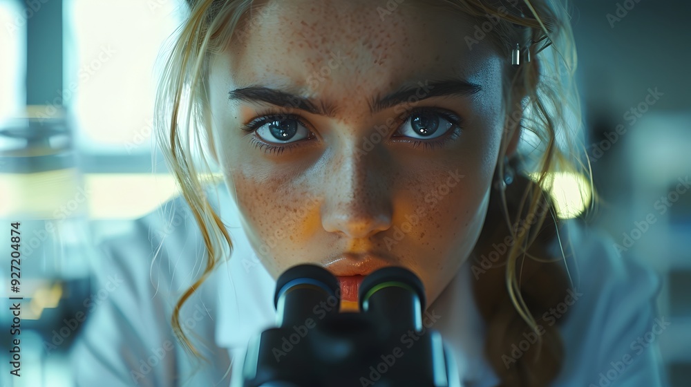 Poster young scientist peering through microscope in high tech laboratory filled with curiosity and doubt
