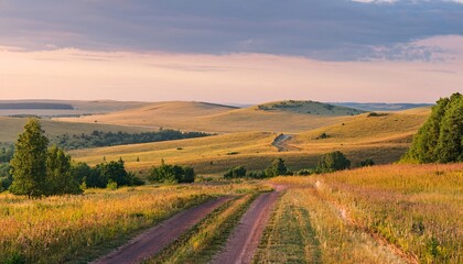Fototapeta premium beautiful agricultural countryside view in the middle of summer. The landscape features green, lush hills in the distance. generative ai
