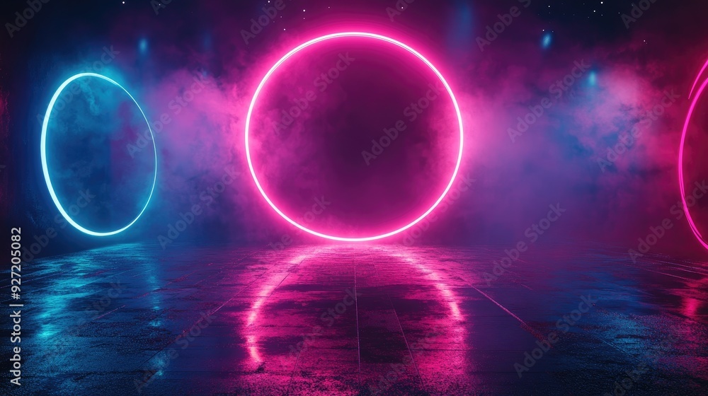 Poster neon lights form a glowing circular frame. this image can be used for modern or futuristic designs, 