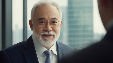 Naklejka premium A confident older Asian man with a white beard and glasses smiles warmly during a business meeting, dressed in a formal suit in a modern office setting.