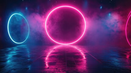 Neon lights form a glowing circular frame. This image can be used for modern or futuristic designs, as a background for text, or as a portal to a different world.