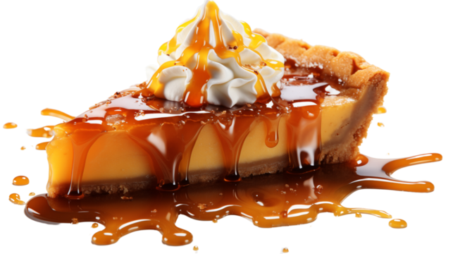 Slice of pumpkin pie with dripping syrup isolated on transparent background.