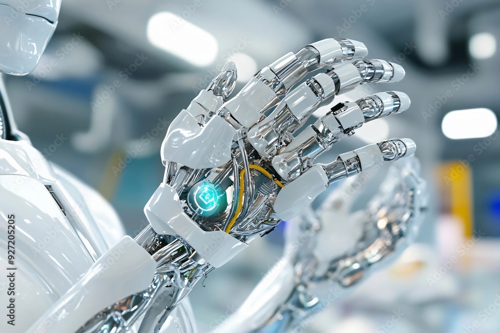 Poster close-up of a robotic hand showcasing advanced technology and intricate design. ideal for futuristic