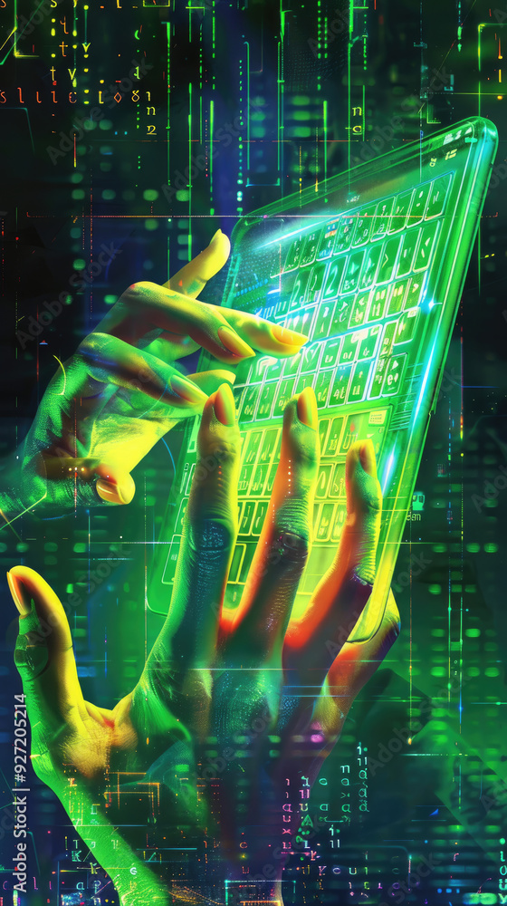 Poster a person uses a glowing tablet surrounded by vibrant digital graphics in a high-tech setting