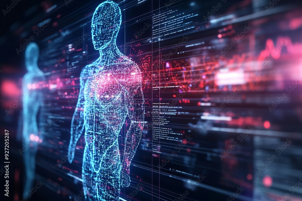 Poster futuristic digital human model representing technology and health, enhanced with data patterns and g