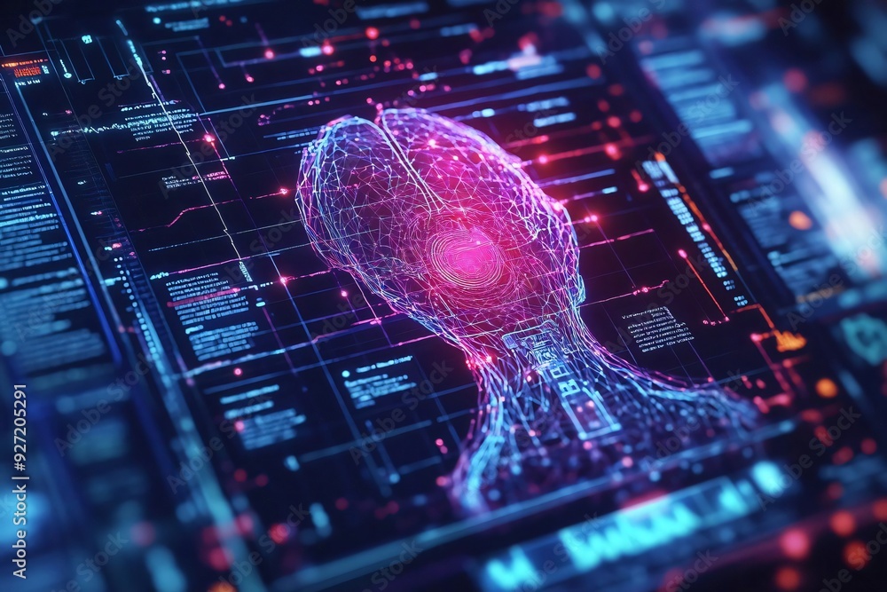 Poster futuristic digital head design with glowing lines and data overlay, representing artificial intellig