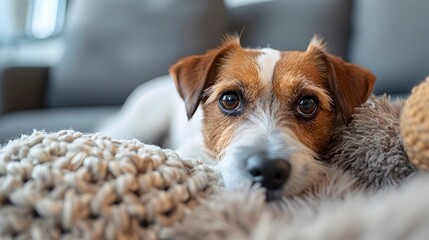 Curious Dog Exploring New Toy in Cozy Home Interior