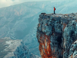 Naklejka premium Mountaineer Peering into the Dramatic Abyss of a Rugged Cliff Against Majestic Landscape