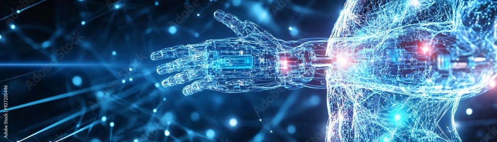 Poster futuristic representation of a robotic hand reaching out, surrounded by glowing data streams and tec