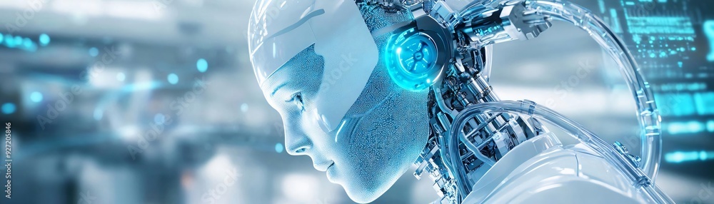 Poster a futuristic robot head with advanced technology, showcasing digital features and a sleek design for