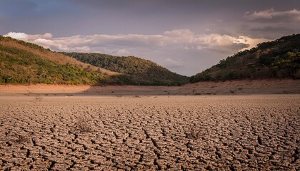 barren nature due to the dry season. Dry and cracked soil, severe water shortage. generative ai