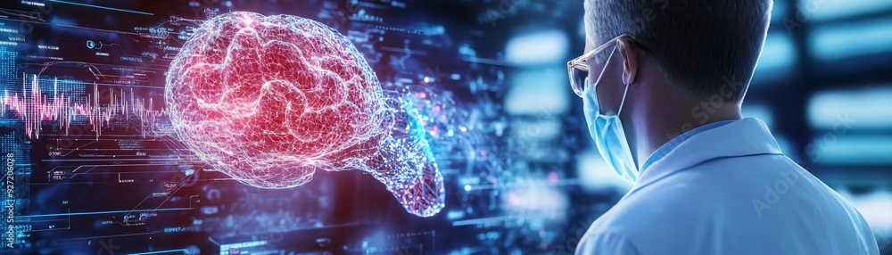 Poster a scientist examines a digital brain visualization, showcasing the intersection of technology and ne