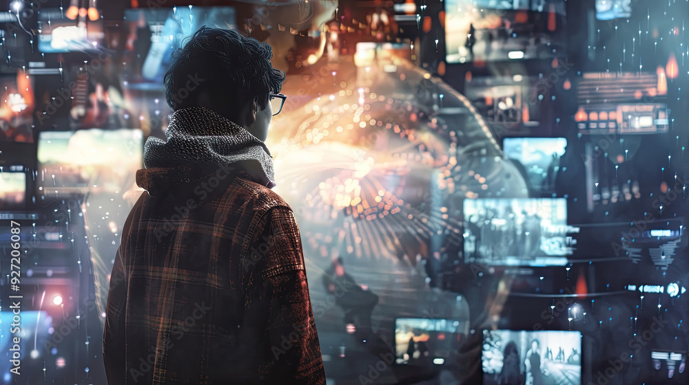 Poster a person observes multiple glowing screens filled with images and data in a dimly lit environment