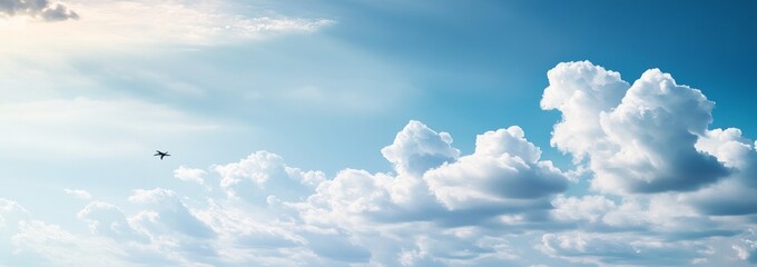 Fototapeta premium Panoramic view of a blue sky with white clouds, featuring photorealistic, high-resolution landscapes with soft shadows, natural tones, and clean, sharp focus.