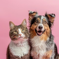 Fototapeta premium A happy cat and dog posing together against a pink background.