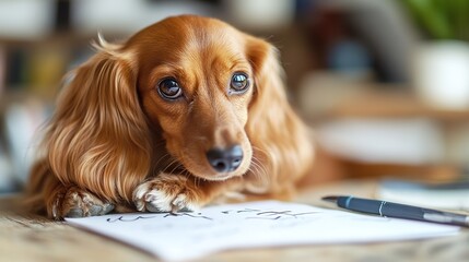 Adorable dachshund with a note saying "You are the best," showcasing a heartwarming and cute gesture. The dog is lovingly depicted, holding or standing beside the note, 