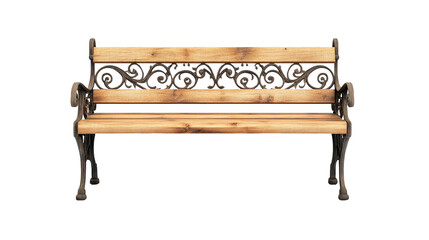 A rustic wooden bench with ornate metal scrollwork, perfect for gardens, parks, or outdoor relaxation.